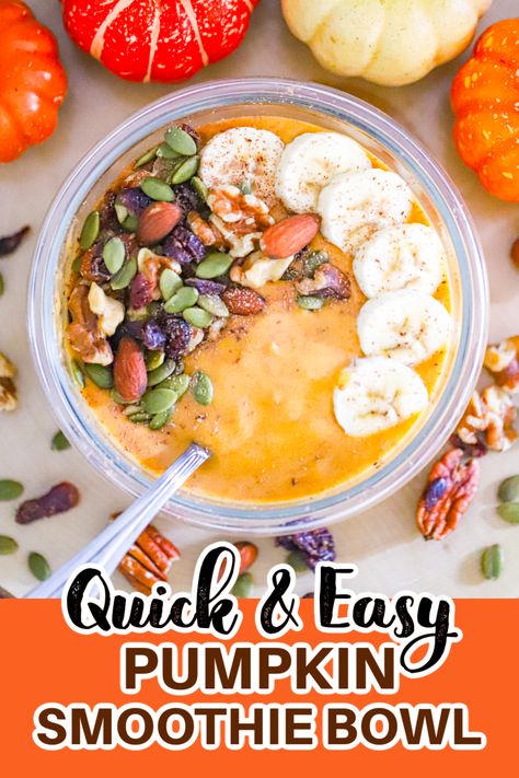 Our healthy, delicious Pumpkin Smoothie Bowl is the perfect breakfast or snack option when it comes to pumpkin-flavored dishes during this time of year!  It’s a quick and easy recipe you can whip up in minutes! Pumpkin Smoothie Bowl, Vegan Greek Yogurt, Superfood Bowl, Vegan Smoothie Recipes, Juice Smoothies Recipes, High Protein Vegetarian Recipes, Pumpkin Pie Smoothie, Quick Vegan, Pumpkin Smoothie