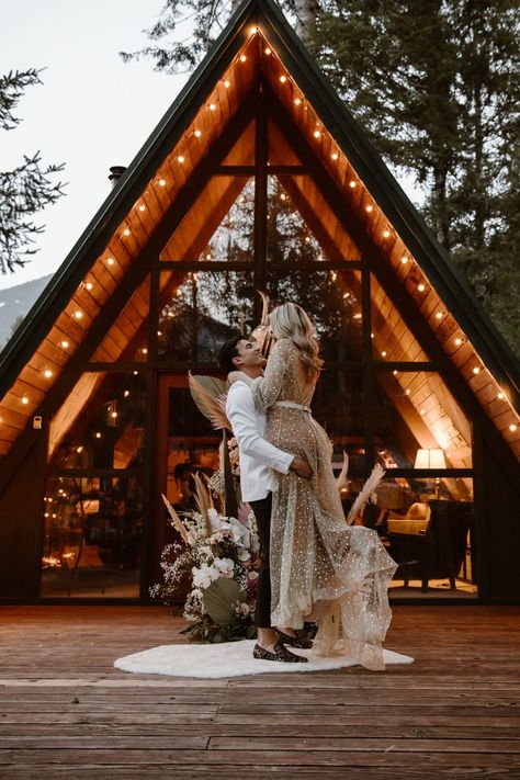 Styling Your A-Frame Elopement in Washington - Wandering Weddings A Frame Photoshoot, Cabin Elopement, Mt Rainer, Cute Cabins, Elopement Shoot, Airbnb Wedding, Mt Rainier National Park, Washington Elopement, Cabin Wedding