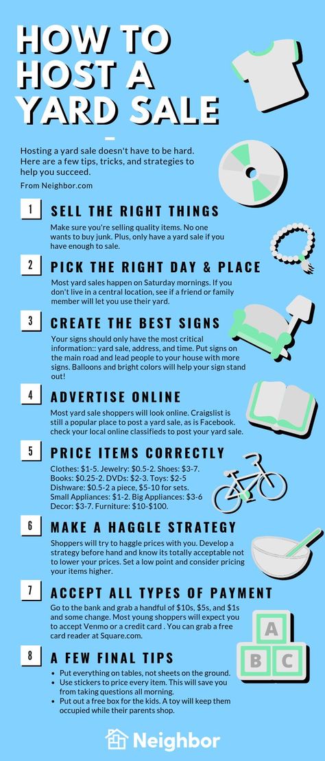 #Infographic: How to Host a Yard Sale Yard Sale Display Ideas Diy, Yard Sale Prep, Yard Sale Ideas Pricing, Yard Sale Foods To Sell, Yard Sale Supplies, Yard Sale Setup Ideas, Yard Sell Ideas, How To Yard Sale, Yard Sale Ideas Organizing