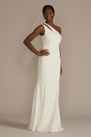 One-Shoulder Stretch Crepe Sheath Wedding Dress | David's Bridal Wedding Dresses Under 500, David Bridal, Bridesmaid Dresses Dusty Sage, Davids Bridal Bridesmaid Dresses, Davids Bridal Wedding Dresses, Sheath Wedding, Grey Bridesmaid Dresses, Shoulder Stretch, Ceremony Dresses