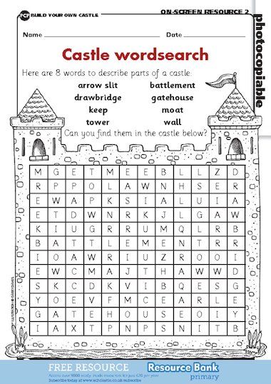 Find the Castle-related topic words in this wordsearch activity sheet. Medieval Coloring Pages Free Printable, Knights And Castles Topic, Castle Classroom, Castles Topic, Middle Ages History, Castle Crafts, Castle Project, Medieval Crafts, Medieval Party