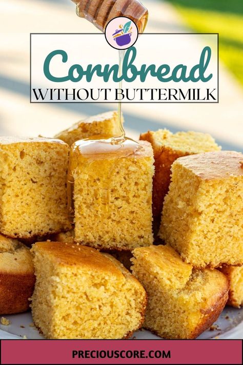 This Cornbread Without Buttermilk recipe is easy and only requires one bowl. It is moist, buttery, crispy around the edges, and just a delight to enjoy by itself or with some honey drizzled on top. Cornbread Recipe Without Buttermilk, Cornbread Without Buttermilk, Buttermilk Recipe, Easy Cornbread Recipe, How To Make Cornbread, Moist Cornbread, Fluffy Dinner Rolls, Cornbread Easy, Satisfying Salads