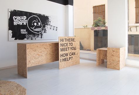 cheap monday pop-up store Osb Furniture, Reception Desk Design, Cafe Concept, Warehouse Design, Shop Counter, Counter Design, Interior Wall Design, Store Fixtures, Cheap Monday