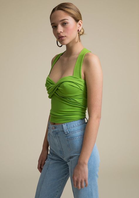 Izzy Top Apple Green Green Fitted Crop Top, Fitted Green Mesh Top, Fitted Green Tank Top Urban Outfitters, Playful Green Ruffled Top, Lime Green Crop Top, Lime Green Outfits, Green Top Outfit, The Line By K, Line By K