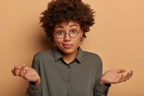 Careless hesitant woman shrugs shoulders... | Free Photo #Freepik #freephoto #shirt #question #lady #female Confusing Questions, Shoulder Shrug, Big Glasses, Logo Design Free, Stylish Shirt, Vector Photo, Stylish Shirts, Free Photo, Spreads