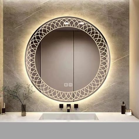 YOSHOOT Patterned 50cm Round Bathroom Mirror Wall Mounted with 3-Color Dimmable LED Light, Sleekest Illuminated Vanity Mirror, Anti-Fog Large Circle Makeup Mirror, IP44 (Kaleidoscope) : Amazon.co.uk: Home & Kitchen Circle Makeup, Round Bathroom Mirror, Bathroom Mirror Wall, Mirror Interior Design, Bathroom 2024, Led Mirrors, Round Bathroom, Mirror Lights, Luxury Mirror