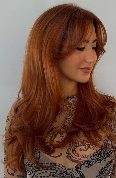 40 Long Layered Haircuts To Try Right Now : Copper Red U-Shaped Layers 70s Medium Length Haircut, Butterfly Haircut Copper Hair, Red Hair With Butterfly Cut, Butterfly Haircut Red Hair, Copper Hair With Layers, Copper Shag Hair, 70s Layers, Haircut Layers Long, Soft Shag Haircut Long