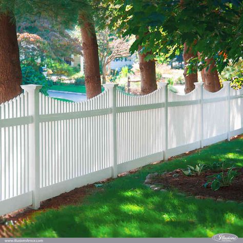 42 Vinyl Fence Home Decor Ideas for Your Yard | Illusions Fence Vinyl Fence Decorating Ideas, Fence Decorating Ideas, Vinyl Picket Fence, Landscaping Along Fence, White Vinyl Fence, Vinyl Privacy Fence, Picket Fence Panels, Fence Options, Privacy Landscaping