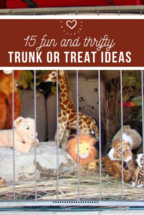 Our family LOVES trunk or treat's, and we love decorating our car trunks for it even more!! These are 15 fun and thrifty trunk or treat decorating ideas that are easy enough for anyone to make! #easy #diy #halloween #trunkortreat | happymoneysaver.com Trunk Or Tree Car Ideas, Trick Or Trunk Ideas For Trucks, Stuffed Animal Trunk Or Treat, Trunk Or Treat Bank Theme, Trunk Or Treat Monster Ideas, Halloween Car Decorations Trunks, Baby Trunks, Trunker Treat Ideas, Dog Hotel