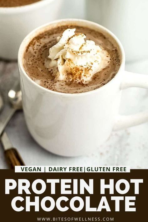 Protein hot chocolate is the perfect healthy cozy afternoon or evening drink! Made with vegan protein powder, cacao powder and dairy free milk, this healthy recipe is so easy to make and so incredibly creamy. This easy vegan recipe has no added sugar and tastes amazing! Protein Hot Chocolate, Hot Chocolate Protein, Healthy Hot Chocolate, Cacao Recipes, Cozy Afternoon, Gluten Free Protein, Protein Powder Recipes, Vegan Protein Powder, Powder Recipe