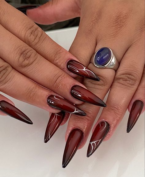 Cherry Wine Nails, Acrylic Nails Chrome, Red And Silver Nails, Vampy Nails, Black Halloween Nails, Wine Nails, Cherry Wine, Gothic Nails, Jack O'lantern