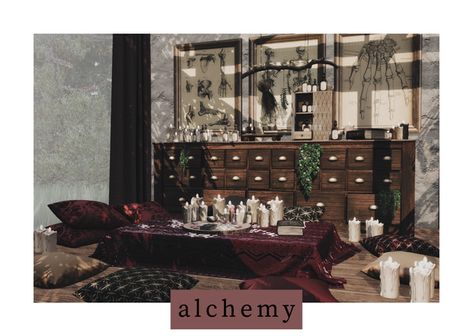 alchemy. | Patreon Sims 4 Witch House, Dark Witch Aesthetic, Sims 4 Game Packs, Sims Aesthetic, Sims 4 Patreon, Dark Acadamia, Dark Curtains, Dark Witch, Tumblr Sims 4