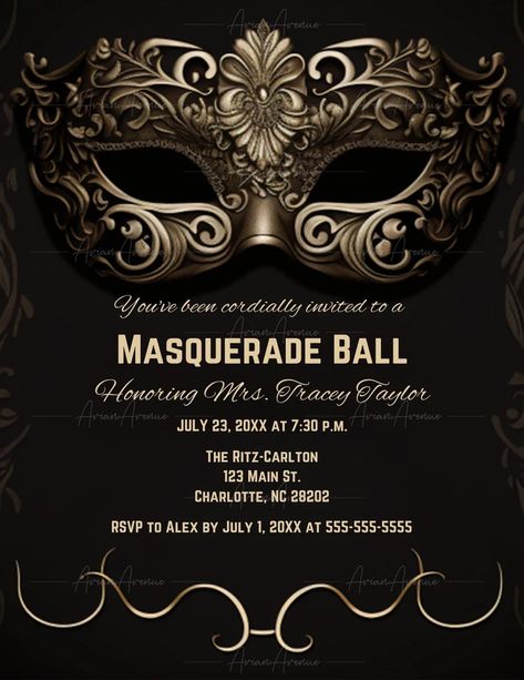 Black Gold Masquerade Ball Invitation Template, Masquerade Party Editable, Party Invitation Instant Download, Canva Template, Masked, DIY - Etsy Masquerade Party Themes, Mascarade Ball, Mascarade Party, Masquerade Invitations, Ball Invitation, Masquerade Party Invitations, Masquerade Party Decorations, Masquerade Prom, Masquerade Ball Party