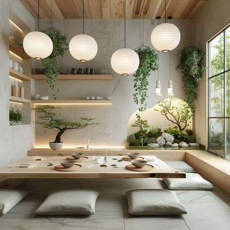 Japanese Inspired Dining Room, Asian Inspired Dining Room, Japan Dining Room, Nature Inspired Dining Room, Japanese Interior Design Zen, Asian Decor Ideas, Small Living And Dining Room Ideas, Dining Room Japanese, Small Kitchen And Dining Room Ideas