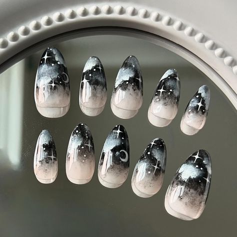 The Sky Collection 🌚🌝 Available now Featuring: Golden Hour, Moonlit Night , Morning Dawn, and Rain Storm #nails #nailsnailsnails #nailtech #nailart #nailartist #naildesign #goldenhour #pressonnails #skynails Moon Phase Nails, Just Nails, Storm Nails, Night Sky Nails, Nails Moon, Nails Star, Sky Nails, Moon Nails, Short Almond