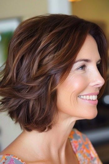 Save this pin for the best short wavy hairstyles for women over 50. The choppy wavy bob is a fantastic way to add volume to your hair without spending a lot of time on styling. Layers throughout create a choppy, piecey look that is amplified by highlights. Bob Hairstyles Thick Wavy Hair, Bob Haircuts For Thick Wavy Hair, Short Wavy Bob Hairstyles Over 50, Layered Medium Bob Hairstyles, Hairstyles For Short Necks, Hairstyles For Fine Wavy Hair, Short Layered Wavy Hair, Short Layered Wavy Hairstyles, Styling Layers