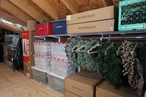 Seasonal Decor Storage Ideas, Christmas Tree Closet, Seasonal Decor Storage, Decor Storage Ideas, Adjustable Closet Shelving, Porch Daydreamer, Attic Storage Organization, Store Christmas Decor, Christmas Decoration Storage