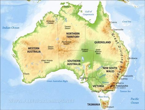 Australia Physical Map Australian Geography, Western Australia Map, Southern Deserts, Australian Map, Geography Trivia, Tasmania Hobart, Wales Map, Map Of Australia, Geography Quiz