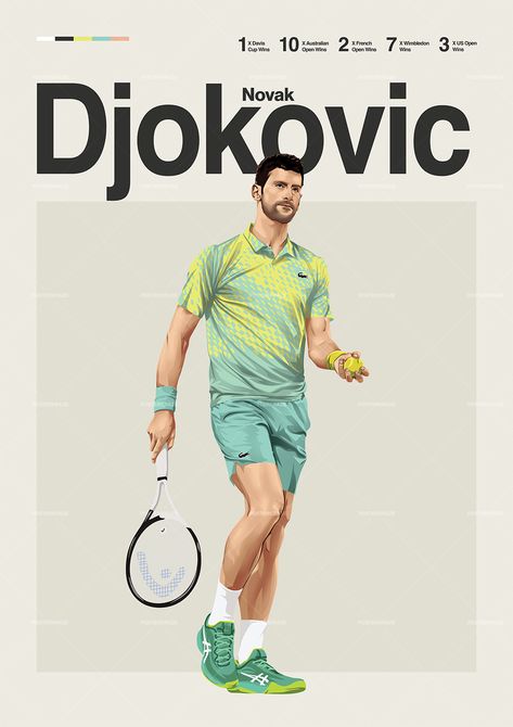 Novak Djokovic poster featuring a mid century modern design style. The high-quality print showcases a beautiful digital drawing of Novak Djokovic. Perfect for any tennis fan looking to add some flair to their living space. Tennis Poster, Nike Tenis, Family Proclamation, Tennis Photography, Tennis Posters, Bee Wall Art, Sports Posters, Tennis Fan, Bible Verse Art