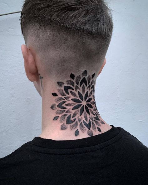 #Tattoos,Geometric shapes Back Of The Neck Tattoos Men, Hellbound Tattoo, Neck Tattoo Geometric, Mandala Neck Tattoo Men, Neck Mandala Tattoo, Back Neck Tattoo For Guys, Mandala Puntillismo Tattoo, Back Neck Tattoo Men, Geometric Tattoo Men