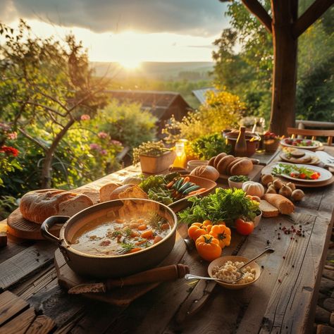 "Sunset Dinner Setting: Rustic outdoor dinner table laden with homemade food enjoying a tranquil sunset in the countryside. #countryside #tranquil #dinnertime #homemadefood #rusticcharm #eveningvibes #outdoordining ⬇️ Download and 📝 Prompt 👉 https://stockcake.com/i/sunset-dinner-setting_344063_370314" Food On Table Aesthetic, Homey Dinner, Shu Qui, Outdoor Food Photography, Homestead Dinner, Cottagecore Dinner, Family Commune, Countryside Food, Farmhouse Dinner