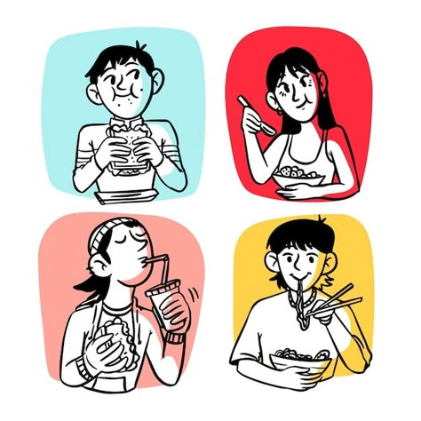 Character Eating Illustration, Cute Human Illustration, Eating Character Design, Cartoon Characters Illustration, Retro People Illustration, Simple Human Illustration, Eating Together Illustration, Person Eating Drawing Reference, Human Illustration People