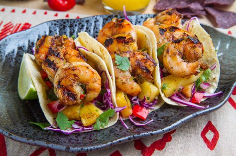 Jerk Shrimp Tacos with Pineapple Salsa, Slaw and Pina Colada Crema on Closet Cooking Jerk Shrimp Tacos, Shrimp Tacos With Pineapple Salsa, Tacos With Pineapple Salsa, Cilantro Lime Shrimp Tacos, Tequila Lime Shrimp, Tacos With Pineapple, Grilled Pineapple Salsa, Crema Recipe, Jerk Shrimp