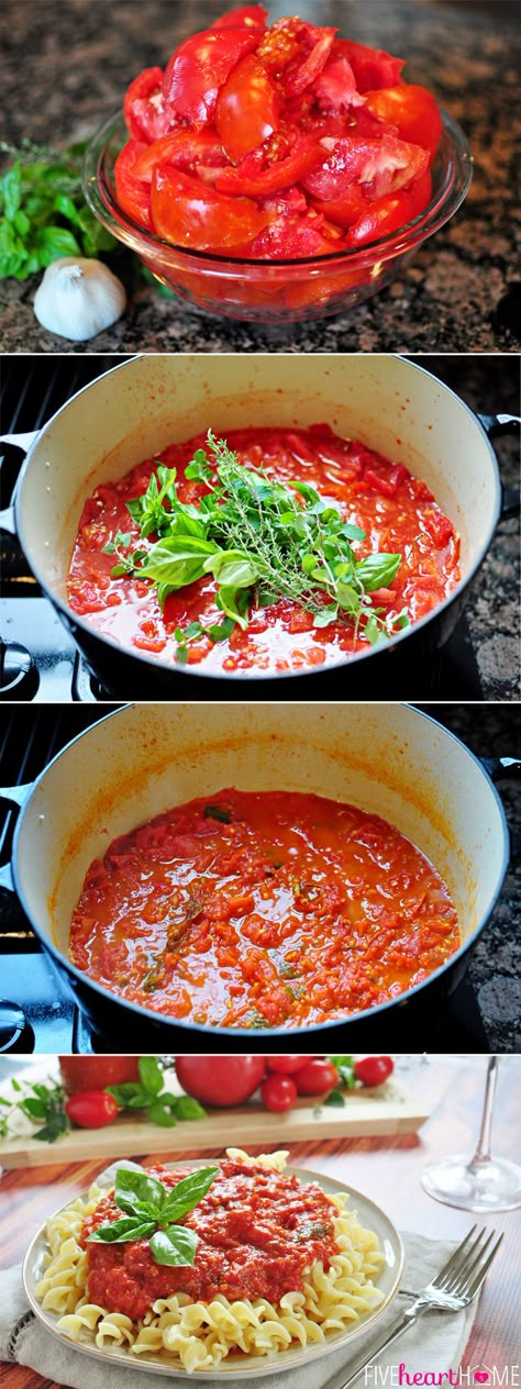 30-Minute Homemade Marinara ~ quick, flavorful sauce made with ripe tomatoes, fresh herbs, garlic and a touch of balsamic vinegar | FiveHeartHome.com Fresh Tomato Marinara Sauce, Pizza Dip, Marinara Sauce Homemade, Homemade Marinara, Immersion Blender, Fettuccine Alfredo, Juicy Tomatoes, Vegan Pizza, Ripe Tomatoes