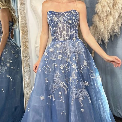 Model Is 5.8"/Size 2 And Wearing Size 4 Or Xs In The Picture. Constellation Dream Sweetheart Embroidered And Tulle Ballgown. Corset Back. Color Dusty Blue Gold Gown Dress, Celestial Gown, Andrea And Leo, Satin Formal Gown, Bridal Maxi, Tulle Ballgown, Grey Gown, Homecoming Formal Dresses, Wedding Party Outfits