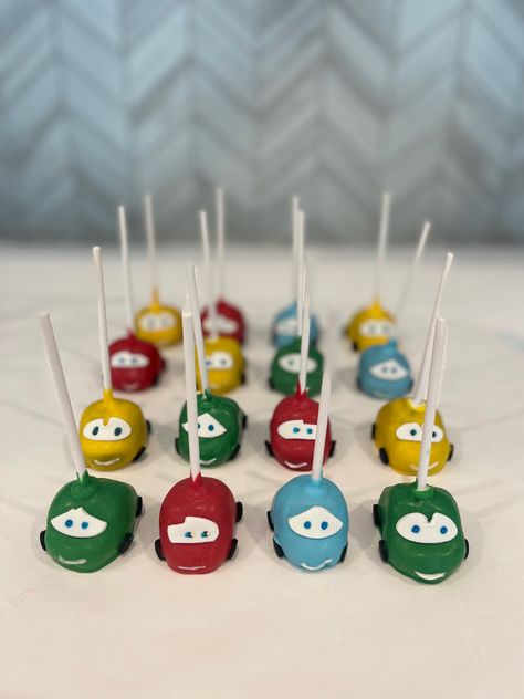 Cake Pop Transportation, Cars Theme Cake Pops, Two Fast Cake Pops, Car Cake Pops, Truck Cake Pops, Disney Cars Theme Birthday Party, Cars Cake Pops, Disney Cars Theme, Cars Theme Cake