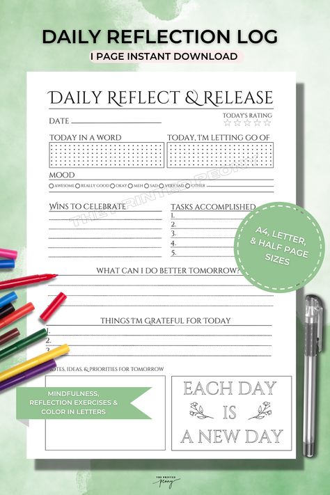 Daily Reflection Log Reflect and Release Journal Page Day Review Journal, Daily Reflection Journal, Reflective Journaling, Student Reflection, Doodle A, Daily Review, Reflection Journal, Map Worksheets, Set Intentions