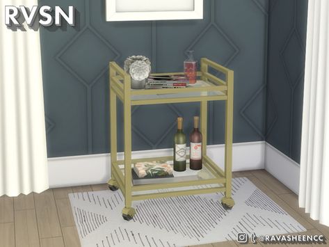 RAVASHEEN's Sip Back and Relax Functional Bar Cart Set Functional Bar Cart, Gold Bar Cart Styling, 1920s Furniture, Sims 4 Gameplay, Sims 4 Cc Furniture, Sims 4 Build, Office Set, Sims 4 Houses, Sims House