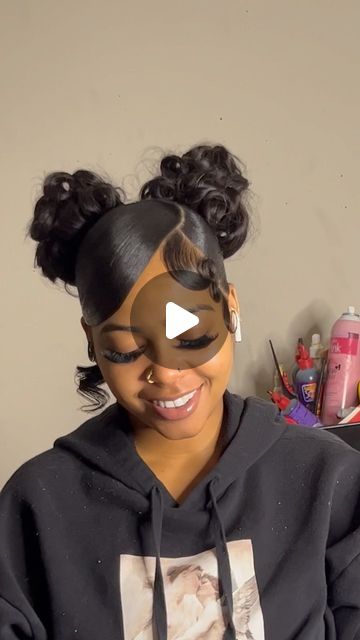 39K views · 7.2K likes | DolledByMyy💆🏽‍♀️🛍 on Instagram: "💗 Book The Look 💗  2 Pin curled buns with a swoop/bang 😍  ( No Edge Control )  - All hair textures are welcome 🫶🏽  ( Book ahead of time for all events coming up )   🎄 December bookings are going fast 🎄 - Hair classes are on sale rn with your choice of style !!🥳  #fyp #fypシ #fypage #explorepage #explorepage✨ #viral #viralvideos #viralreels #viralvideo #share #pinterest #pretty #contentcreator #ponytail #hairstylist #hair #hairtutorial #hairtransformation #hairideas #hairgoals #bookstagram #beauty #natural #nofilter #beautytips #beautiful #curlyhair #black #instagram #photooftheday" 2 Curly Buns With Swoop, Side Swoop With Two Buns, Two Buns With A Swoop, Two High Buns With Swoop, Back Bun With Swoop, Side Swoop 2 Buns, Cute Diy Hairstyles Easy, Two Messy Buns With Swoop, 2 Space Buns With Swoop