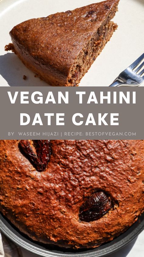 Looking for a delectable vegan dessert to go with your coffee or tea? Try the Vegan Tahini Date Cake, a delightful combination of sweet dates and nutty tahini. Indulge in this Arab-inspired treat and experience the rich flavors in every bite. Check out the recipe by Waseem Hijazi from Plant Based Arab. #vegandesserts #plantbasedrecipes #tahinidatecake via @bestofvegan1 Vegan Date Dessert, Vegan Date Sweetened Desserts, Tahini Cake Vegan, Vegan Date And Walnut Cake, Date Tahini, Eggless Dates Cake Recipe, Tahini Date, Syrup Cake, Almond Flour Cakes