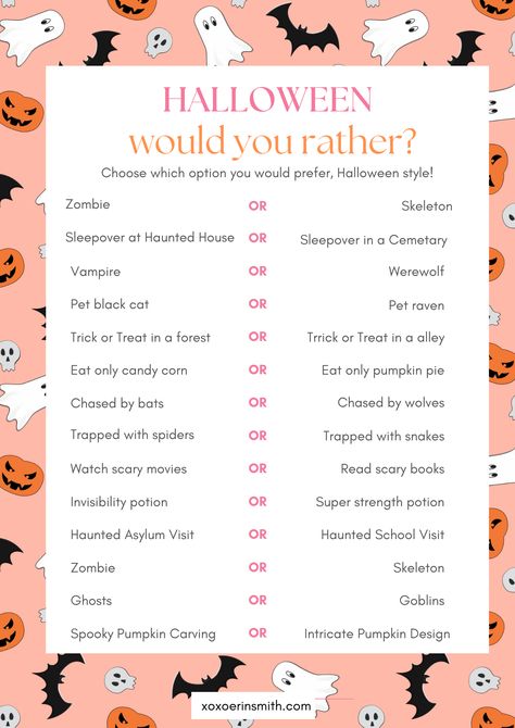 Halloween Would You Rather Questions, Fall Would You Rather For Kids, Would You Rather Halloween Questions, Halloween Would You Rather For Kids, Would You Rather Halloween, Halloween Would You Rather, Would You Rather Questions For Kids, Halloween Worksheets Preschool, Halloween Scavenger Hunt For Kids