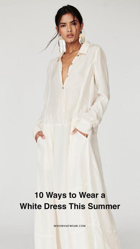 White dress outfit ideas for summer White Dress Fashion, Long White Shirt Dress Outfit, Summer White Outfits For Women, Styling White Dress, Summer White Dress Outfit, White Shirt Dress Outfit Summer, White Long Cotton Dress, Long White Dress Casual, White Shirt Dress Outfit Classy