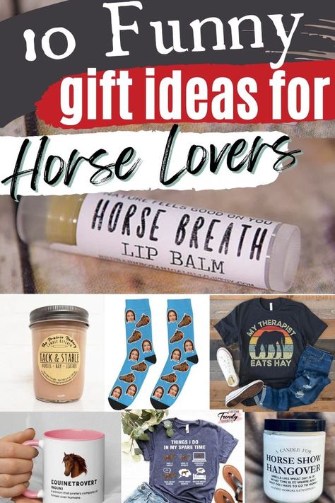 The next time you are in need of a funny gift for your favorite horse lover, scan our gift guide below for some inspiration. We picked a variety of funny gift ideas that are sure to make the recipient laugh! If you are looking for a humorous equestrian or horse themed present, this is a great place to start. Budget-friendly gift options! #horse #gift #equestrian #thegingerbreadpony #giftguide Horse Christmas Gifts, Funny Gift Ideas, Derby Horse, Budget Friendly Gift, Equestrian Gifts, Horse Diy, 10 Funniest, Horse Owner, Funny Horse