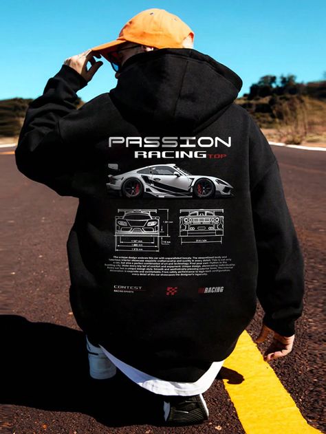 Men's Trendy Car Print Hooded Sweatshirt, Gift For Car Lovers, Auto-Themed Hoodie Black Casual  Long Sleeve Fabric Car,Colorblock,Graphic,Letter,Slogan  Medium Stretch  Men Clothing, size features are:Bust: ,Length: ,Sleeve Length: Graphic Hoodies Men, Car Hoodies, Car Sweatshirt, Car Hoodie, Bleach Hoodie, Men Fashion Casual Shirts, Loose Hoodie, Hoodie And Sweatpants, Casual Summer Shorts