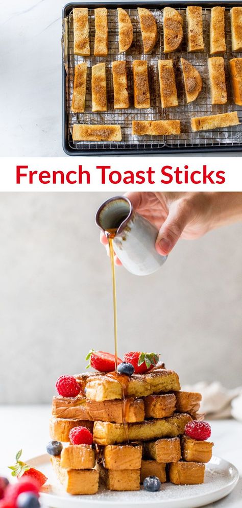 French Toast Sticks Oven, Oven Baked French Toast Sticks, Diy French Toast Sticks, Baked French Toast Sticks Recipe, French Toast Plating, Easy French Toast Sticks Recipe, Easy French Toast Sticks, Baked French Toast Sticks, Cinnamon Sugar French Toast Sticks