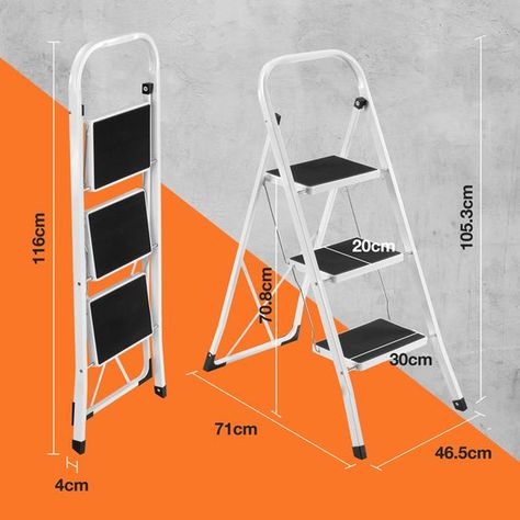 Heavy Duty 3 Step LadderLightweight, portable and reliable, the VonHaus 3 Step Folding Step Ladder is just the job for tackling DIY and decorating tasks and accessing hard to reach places. Strong white powder coated steel construction with 150kg maximum load capacityGripped treads to prevent slippingLarge non-slip feet offer stability and protect a range of flooring typesCompact size folds down easily for convenient storage and transportationSize (fully opened): 46.5 x 75.5 x 105cm approx. , Ste 3 Step Ladder, Diy Essentials, Sideboard Tv Unit, Tv Bracket, Garden Power Tools, Wardrobe Furniture, Hallway Storage, Tv Sideboard, White Powder