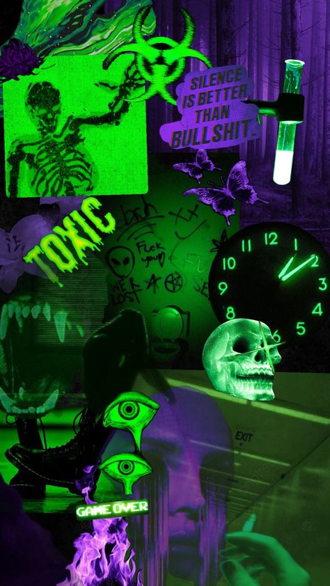 toxic #toxiccore #green #purple #alt Purple And Neon Green Aesthetic, Toxic Green Aesthetic, Green And Violet Aesthetic, Shego Aesthetic, Toxic Core, Purple And Green Aesthetic, Green And Purple Background, Black Grunge Aesthetic, Collage Wallpapers