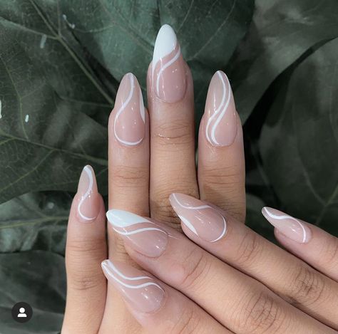 Simple Swirl Nail Designs, French Swirl Nail Designs, Swirl Nail Designs Almond, Swirl And French Tip Nails, Almond Nails With Swirls, Nail Swirl Designs Simple, Swirly French Tip Nails, White Swirl Nail Designs, White Swirly Nails