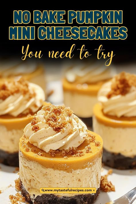 Fall in love with these no bake pumpkin mini cheesecakes! Each mini dessert is a creamy blend of pumpkin and spices on a buttery crust, making them a festive addition to your dessert table. Pumpkin Cheesecake Tarts Mini, Mini Pumpkin Pie Desserts, Pumpkin Cheesecake Danish, Pumpkin Cheesecake Cups No Bake, Mini Pumpkin Cheesecakes Easy, Mini Pumpkin Swirl Cheesecake, Mini Pumpkin Cheesecake No Bake, Mini No Bake Pumpkin Cheesecake, Pumpkin Mini Cheesecakes