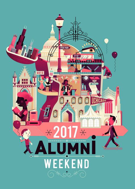 Iillustration for the Poster of the University of Chicago Alumni Weekend. Poster Design University, University Poster Design Ideas, Alumni Meet Poster, Alumni Events Ideas, University Infographic, University Poster Design, Alumni Event Ideas, Poster University, Alumni Design