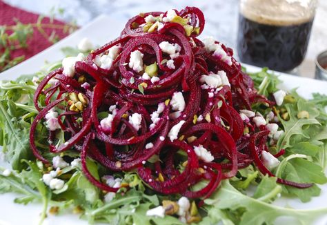 Beet Noodles with Maple Balsamic Dressing over Arugula Beet Noodles, Maple Balsamic Dressing, Carrot Noodles, Lemon Tahini Sauce, Healthy Meal Options, Sweet Dressing, Raw Beets, Maple Balsamic, Balsamic Vinaigrette Dressing