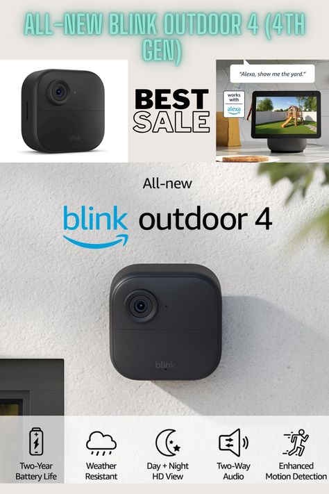 utdoor 4 is our fourth generation wire-free smart security camera that helps you protect your home inside and out right from your smartphone.
See and speak from the Blink app — Experience 1080p HD live view, infrared night vision, and crisp two-way audio.
Two-year battery life — Set up yourself in minutes and get up to two years of power with the included AA lithium batteries.
Enhanced motion detection — Be alerted to motion faster from your smartphone with dual-zone, enhanced motion detection. Tablet Amazon, Fire Tablet, Alexa Echo, Amazon Devices, Amazon Fire Tv, Security Camera, Home Security, Battery Life, Pharmacy Gifts