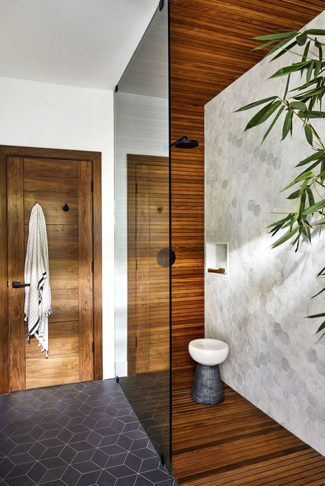 Wood Tile Shower, Wood Like Tile, Bathroom Spotlights, Tile Accent Wall, Teak Flooring, Wood Look Tile, Bath Ideas, Wood Bathroom, Rustic Bathroom