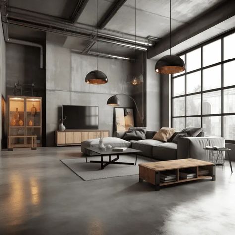 The Beauty of Industrial Interior Design: Why Imperfection is Perfection - axxla interior design Industrial House Interior, Industrial Interior Design Living Room, Modern Industrial House, Loft Estilo Industrial, Concrete Interior Design, Modern Industrial Living Room, Industrial Style Living Room, Industrial Style Bedroom, Ruang Tv