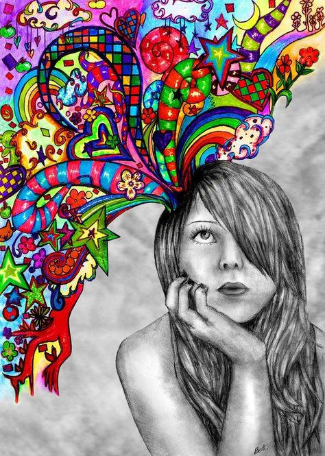 drawing of girl with colorful thoughts / dreams - ART Mind Valley, School Sketches, Boom Kunst, Start School, 얼굴 그리기, Coloring Ideas, Eighth Grade, Arts Ed, Arte Inspo