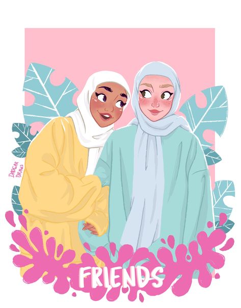 two hijab friends in Disney style, with pastel colors Eid Drawing Ideas, Bestie Cartoon Best Friends, Besties Drawing Best Friends, Disney Style Art, Hijabi Artist, Friends Hijab, Hijabi Friends, Hijabi Art, Eid Gift Ideas